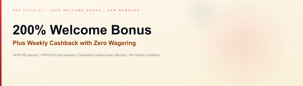 KK8 welcome bonus 200% Malaysia MYR new member deposit
